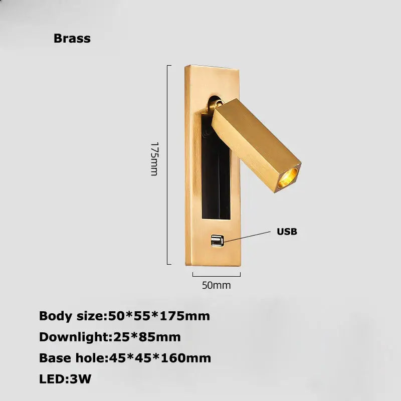 Gold-colored brass wall lamp with sleek rectangular design led wall lamp featuring integrated usb port for reading use