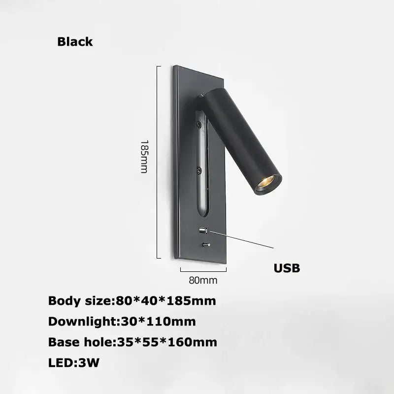 Modern black metal led wall lamp with matte finish and usb port for bedroom reading and charging