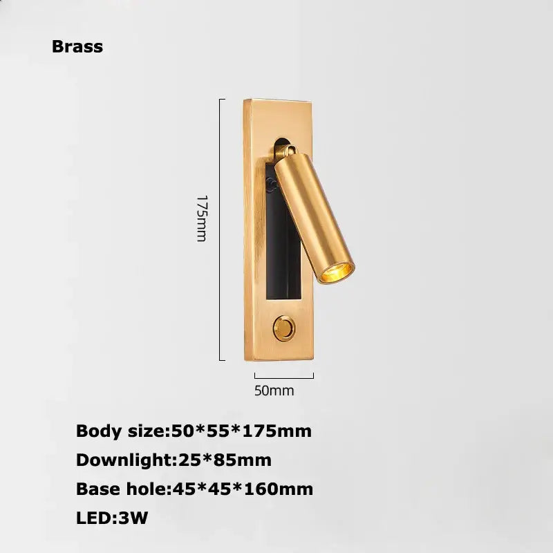 Gold brass wall lamp with cylindrical led downlight and circular base for bedroom reading light with usb port
