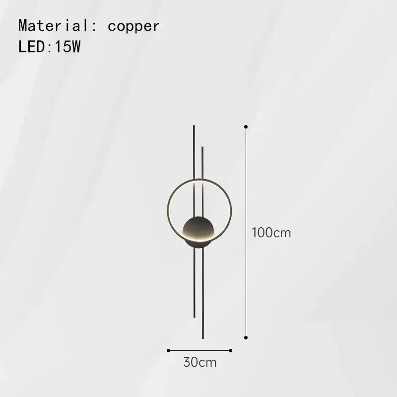 Modern black metal led wall lights with copper pendant circular frame and central spherical bulb for bedroom decorbites led wall