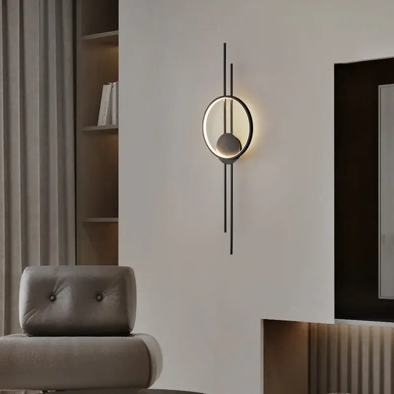 Modern black metal led wall lights featuring a circular illuminated ring and vertical rods for bedroom decorbites led wall use
