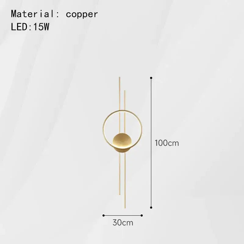 Modern black metal led wall lights with a minimalist copper pendant design featuring circular and vertical elements