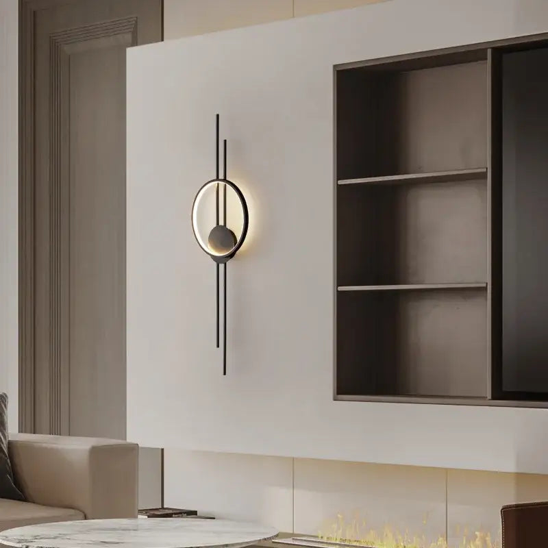 Modern black metal led wall lights with circular illuminated ring and vertical rods for bedroom decorbites led wall lighting