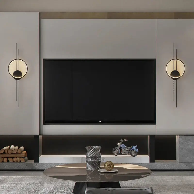 A sleek modern black flat-screen television with minimalist design complements modern black metal led wall lights decorbites led wall lighting