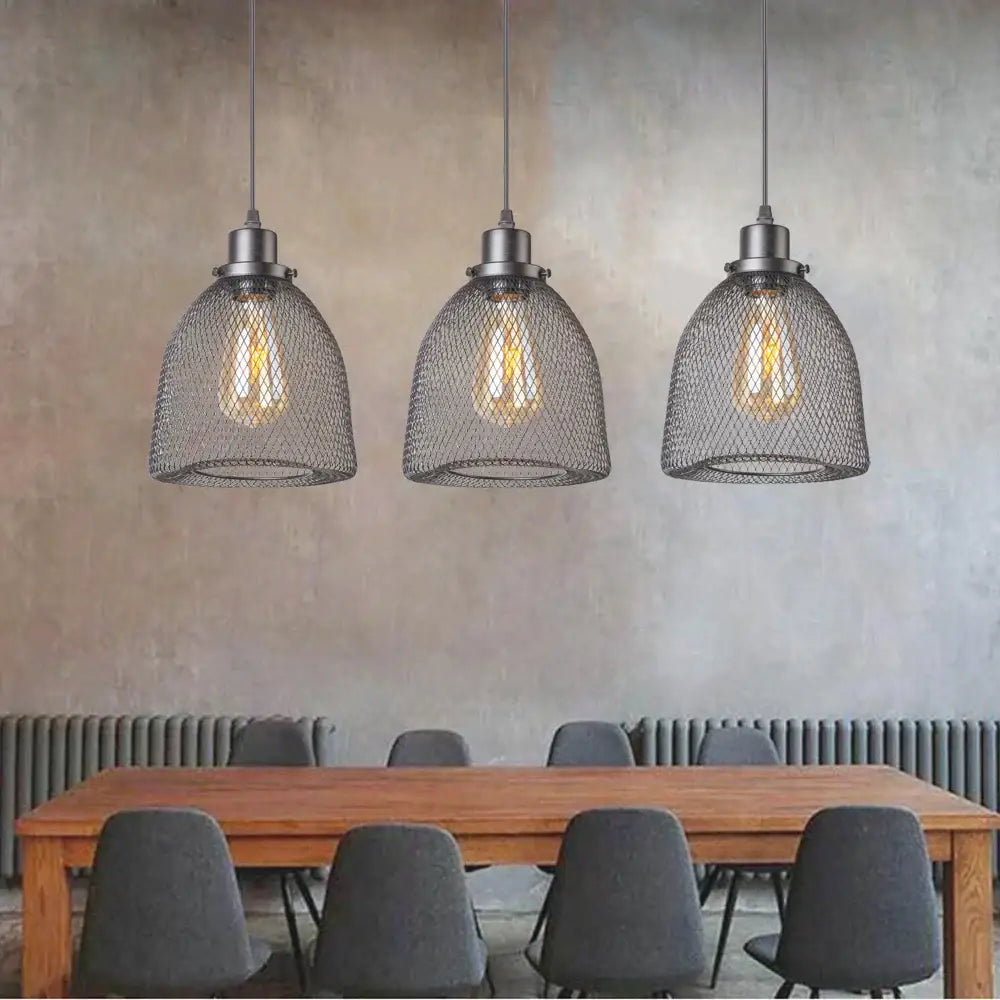 Modern black metal mesh pendant light chandelier with exposed filament bulbs for dining room lighting