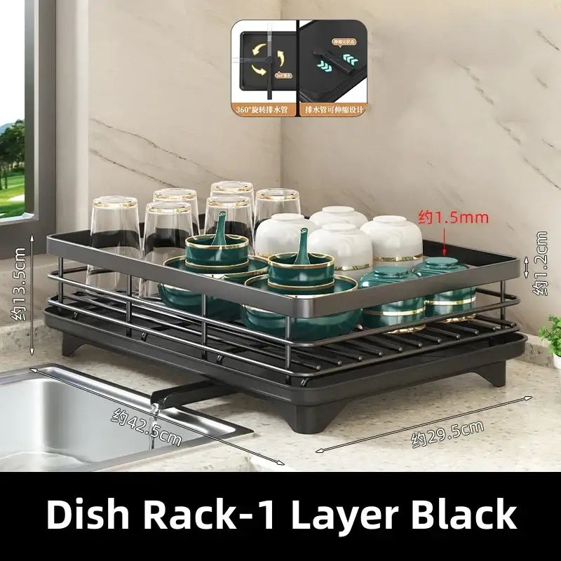 Modern black metal multi tier kitchen counter organizer rack with adjustable 360-degree rotating drain pipe for decorbites kitchen counter