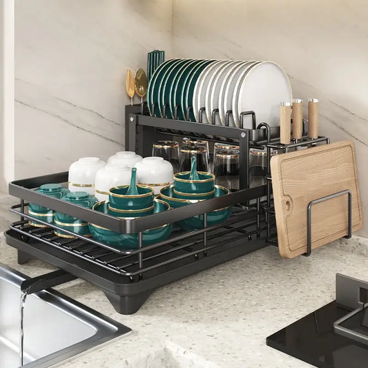 Modern black metal multi tier kitchen counter organizer rack holding ceramic dishes glassware and wooden utensils for decorbites kitchen counter