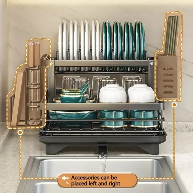 Modern black metal two-tier kitchen counter organizer rack with stainless steel dish rack knife block and cutting board holder