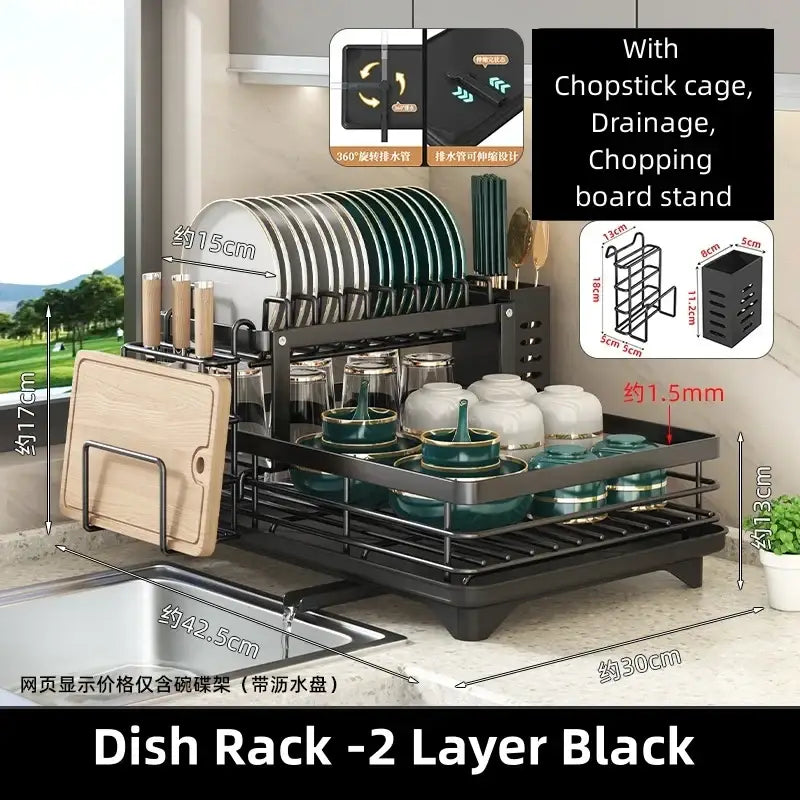 Modern black metal two-layer kitchen counter organizer rack with integrated chopstick cage drainage system and chopping board stand