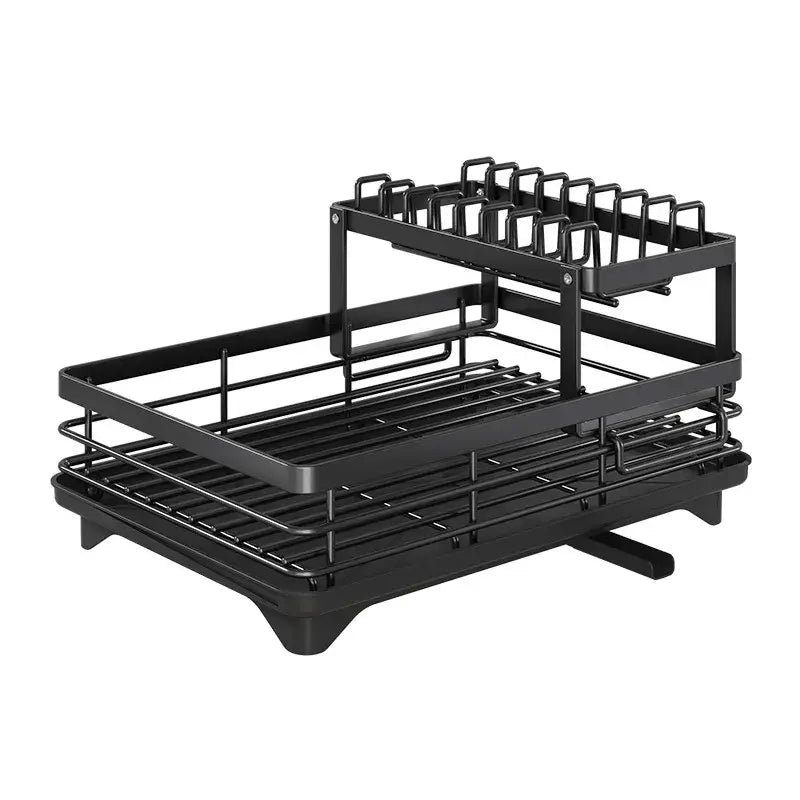 Modern black metal two-tier kitchen counter organizer rack with lower draining tray and upper utensil holder by decorbites