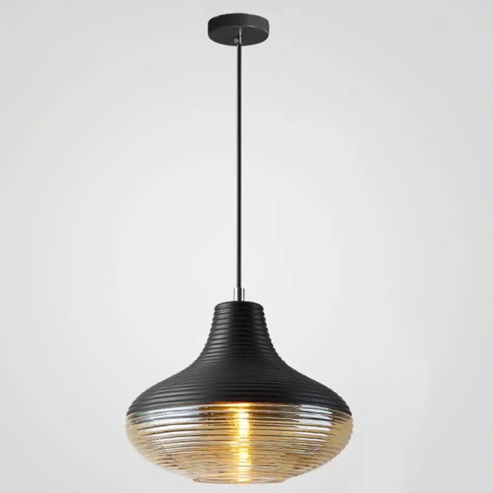 Modern Black Metal Pendant Light with Ribbed Glass Shade - 1-Light Hanging Lamp