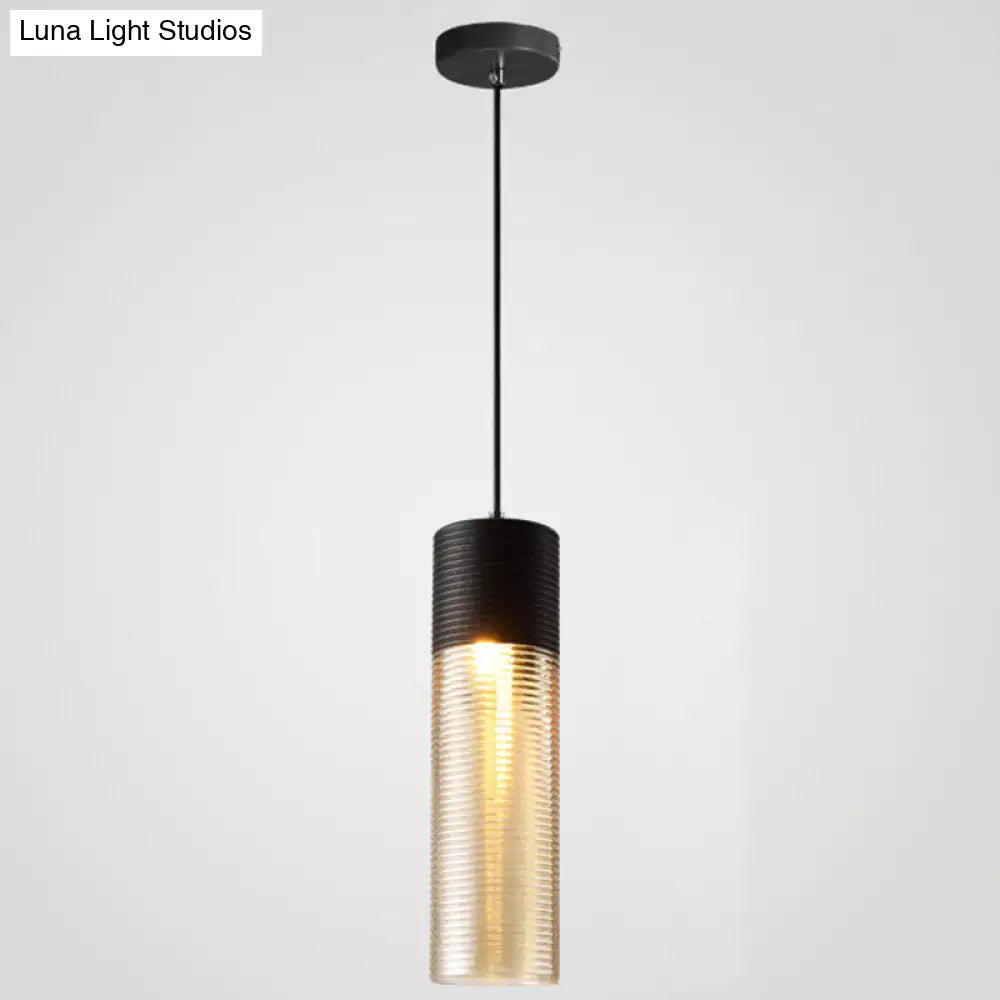 Modern Black Metal Pendant Light with Ribbed Glass Shade - 1-Light Hanging Lamp