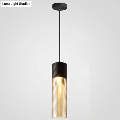 Modern Black Metal Pendant Light with Ribbed Glass Shade - 1-Light Hanging Lamp