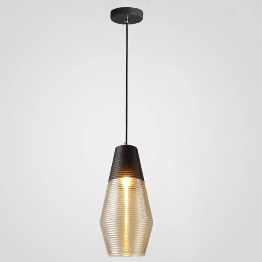 Modern Black Metal Pendant Light with Ribbed Glass Shade - 1-Light Hanging Lamp