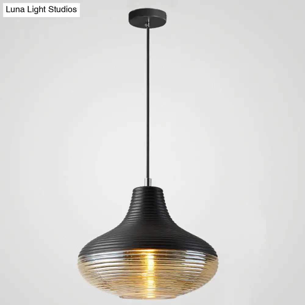 Modern Black Metal Pendant Light with Ribbed Glass Shade - 1-Light Hanging Lamp