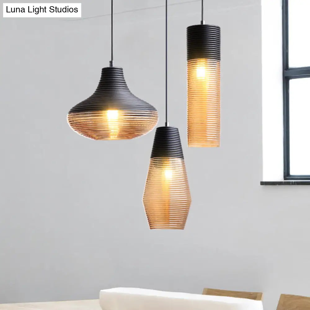 Modern Black Metal Pendant Light with Ribbed Glass Shade - 1-Light Hanging Lamp