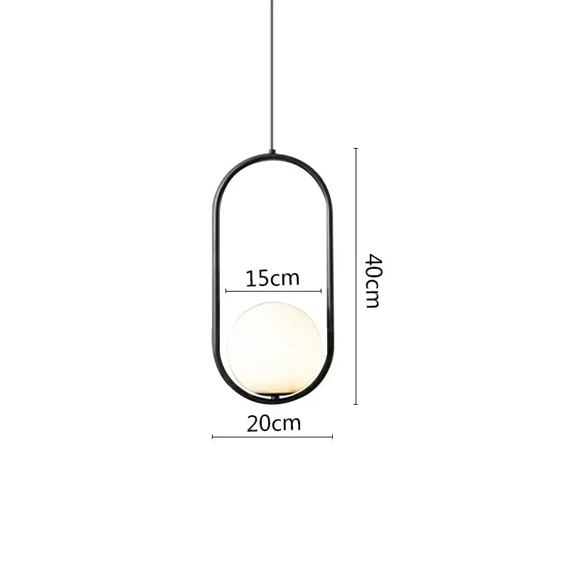 Modern black metal pendant light with frosted glass globe and black metal ring for dining room illumination