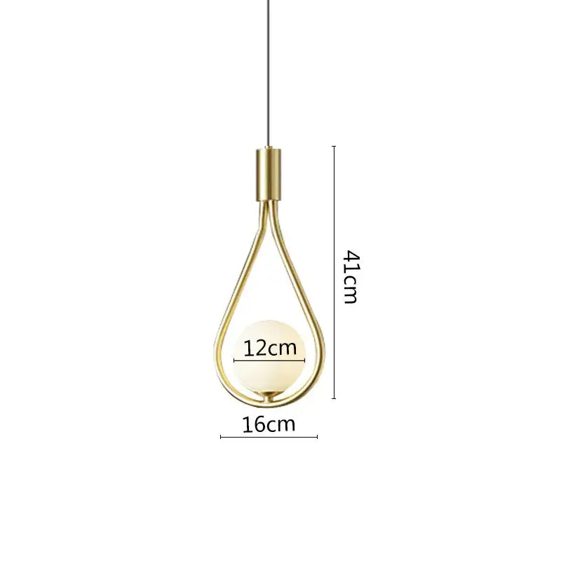 Modern pendant light with a sleek gold-toned frame and opaque white globe complements black metal ring dining decor
