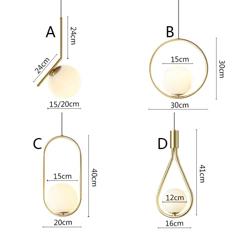 Modern pendant light with gold-toned black metal ring and frosted glass globe shades in four geometric designs