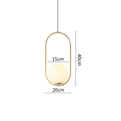 Modern pendant light with gold-toned oval frame and frosted glass globe suspended from black metal ring