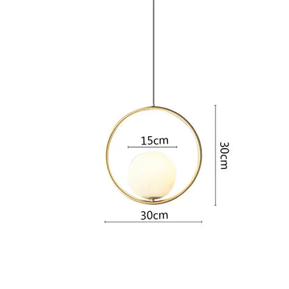 Modern black metal ring pendant light with sleek gold frame and opaque white glass globe for dining room lighting