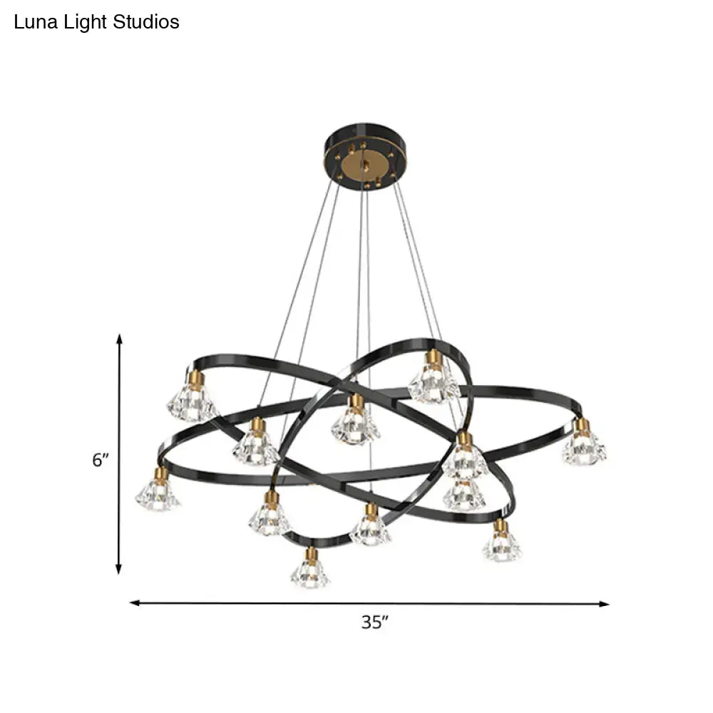 Lámpara de araña moderna de metal negro con forma de estrella y pantalla de cristal transparente en forma de diamante - 12 bombillas