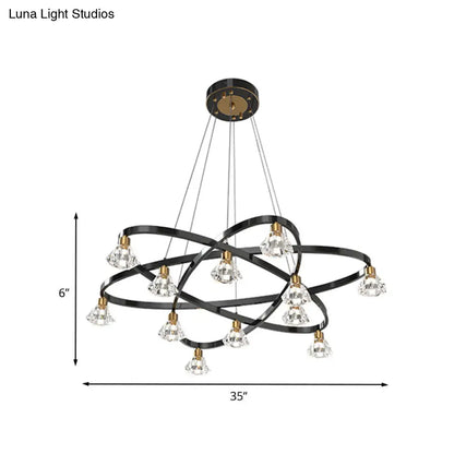 Lámpara de araña moderna de metal negro con forma de estrella y pantalla de cristal transparente en forma de diamante - 12 bombillas