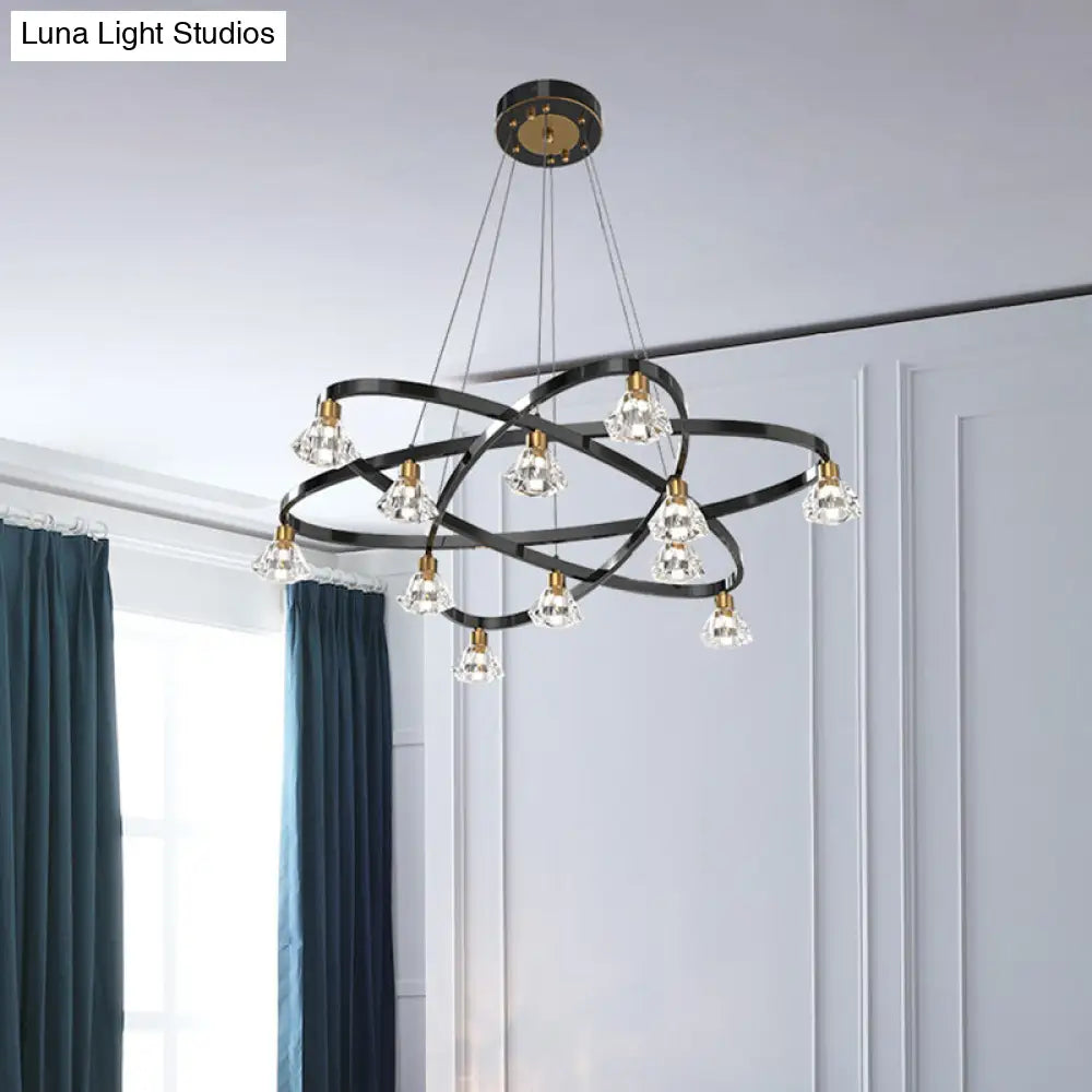 Lámpara de araña moderna de metal negro con forma de estrella y pantalla de cristal transparente en forma de diamante - 12 bombillas