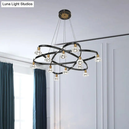 Lámpara de araña moderna de metal negro con forma de estrella y pantalla de cristal transparente en forma de diamante - 12 bombillas