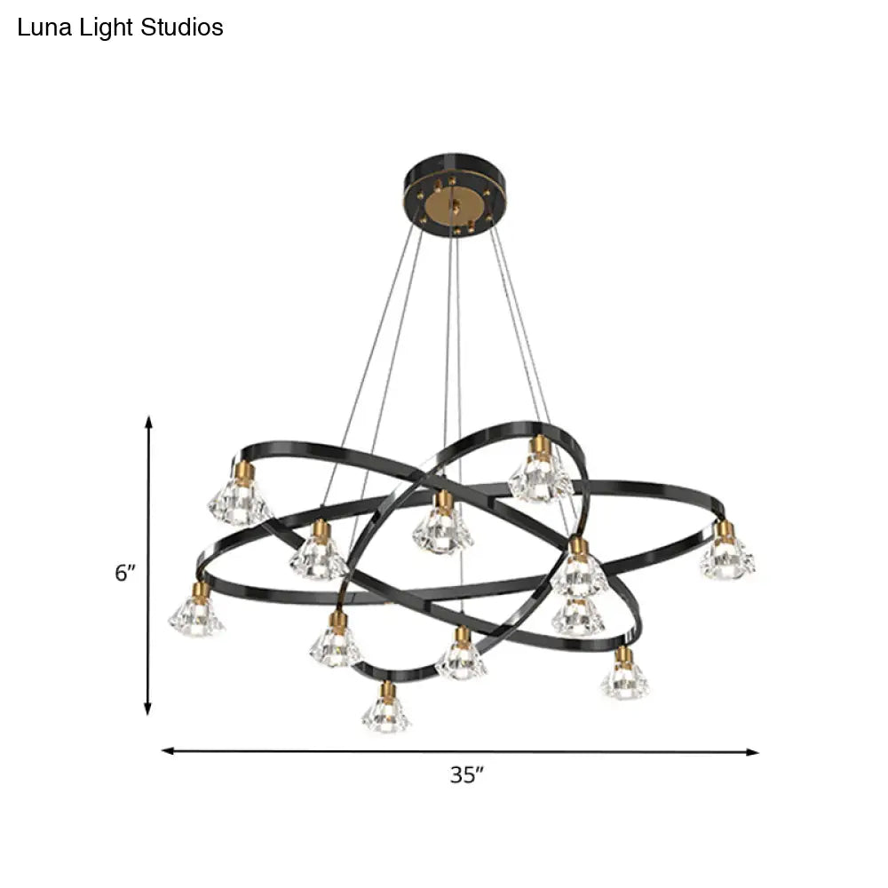 Lámpara de araña moderna de metal negro con forma de estrella y pantalla de cristal transparente en forma de diamante - 12 bombillas