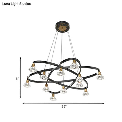 Lámpara de araña moderna de metal negro con forma de estrella y pantalla de cristal transparente en forma de diamante - 12 bombillas