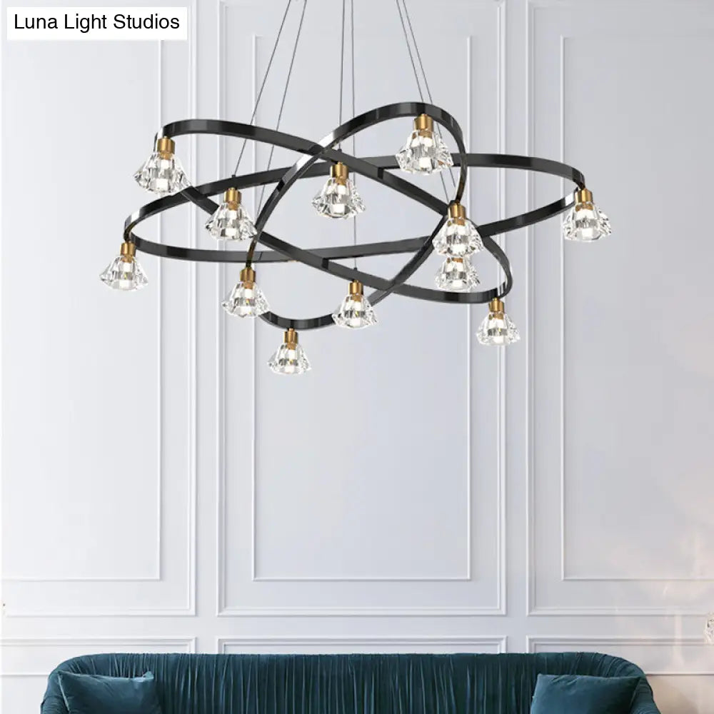 Lámpara de araña moderna de metal negro con forma de estrella y pantalla de cristal transparente en forma de diamante - 12 bombillas