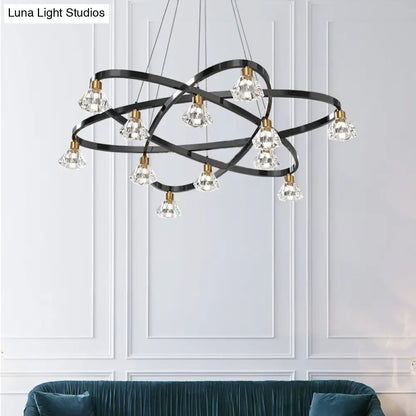 Lámpara de araña moderna de metal negro con forma de estrella y pantalla de cristal transparente en forma de diamante - 12 bombillas