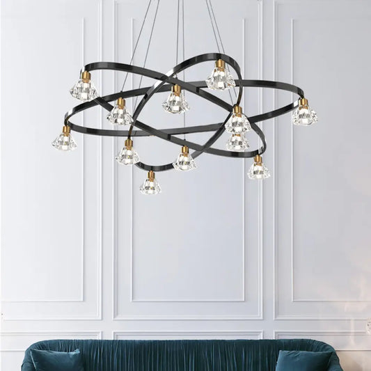 Lámpara de araña moderna de metal negro con forma de estrella y pantalla de cristal transparente en forma de diamante - 12 bombillas