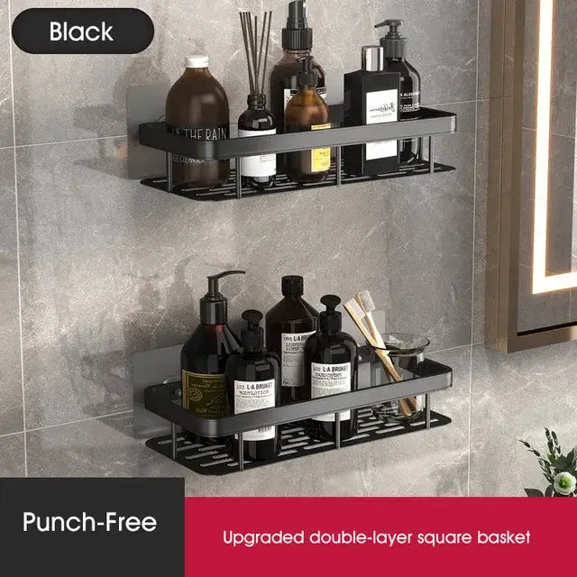 Modern black metal tiered bathroom corner shelves with perforated double-layer square design for decorbites bathroom storage