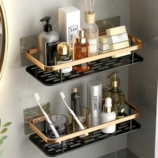 Modern black metal tiered bathroom corner shelves with gold frames and black perforated trays for decorbites bathroom storage