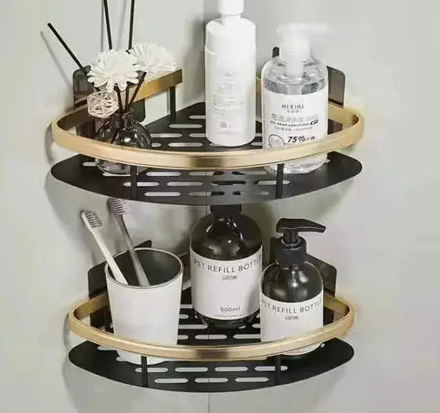Modern black metal tiered bathroom corner shelves with perforated gold two-tiered design for decorbites bathroom storage rack