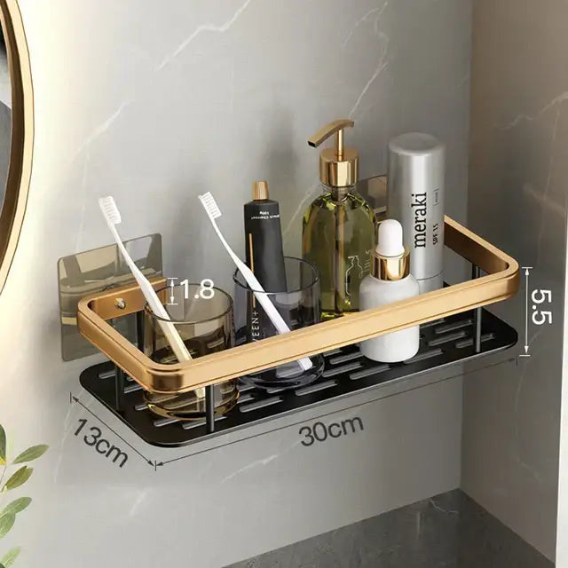 Modern black metal bathroom corner shelves with gold finish and black slatted base for decorbites bathroom storage