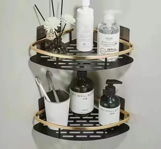Modern black metal tiered bathroom corner shelves with perforated surface and gold circular rim accents by decorbites bathroom