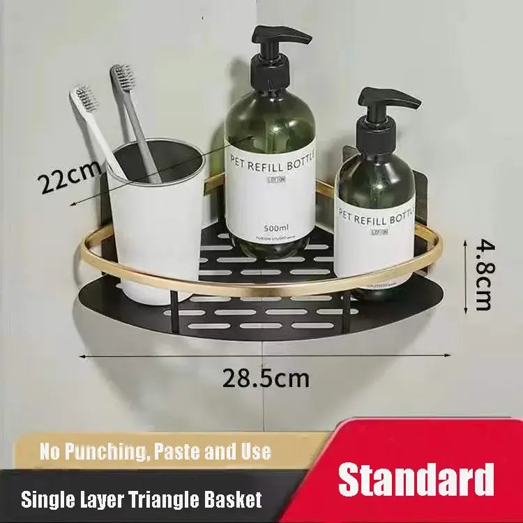 Modern black metal tiered bathroom corner shelves with black and gold single layer triangle basket and perforated design decorbites bathroom corner
