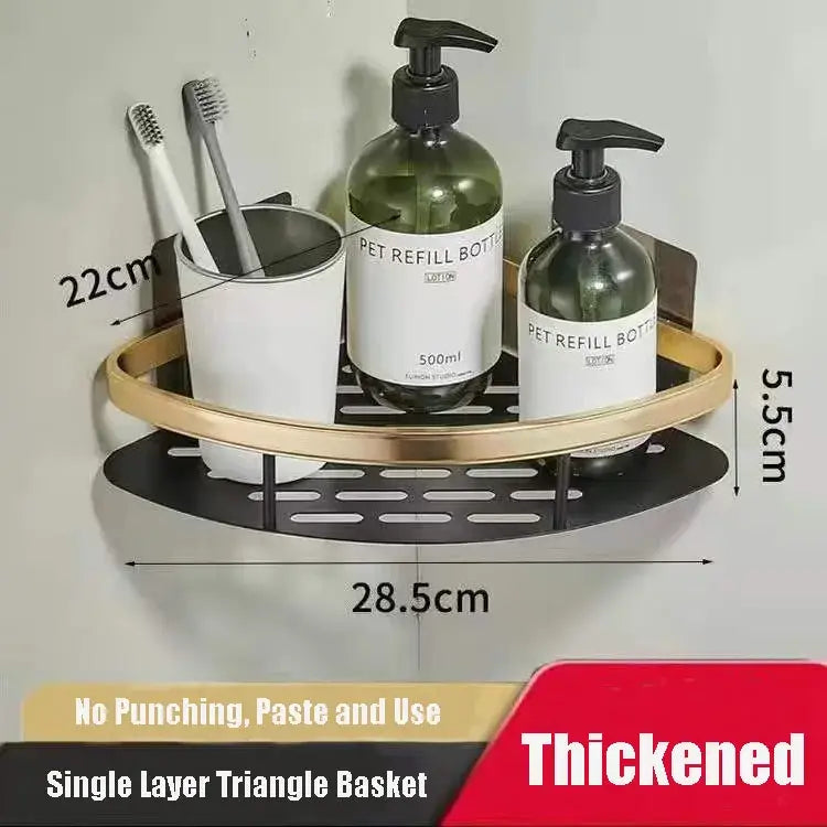 Modern black metal tiered bathroom corner shelves with gold and black triangular perforated base for decorbites bathroom corner storage