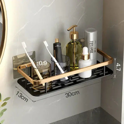 Modern black metal tiered bathroom corner shelves with gold-toned metal shelf and black base for decorbites bathroom storage