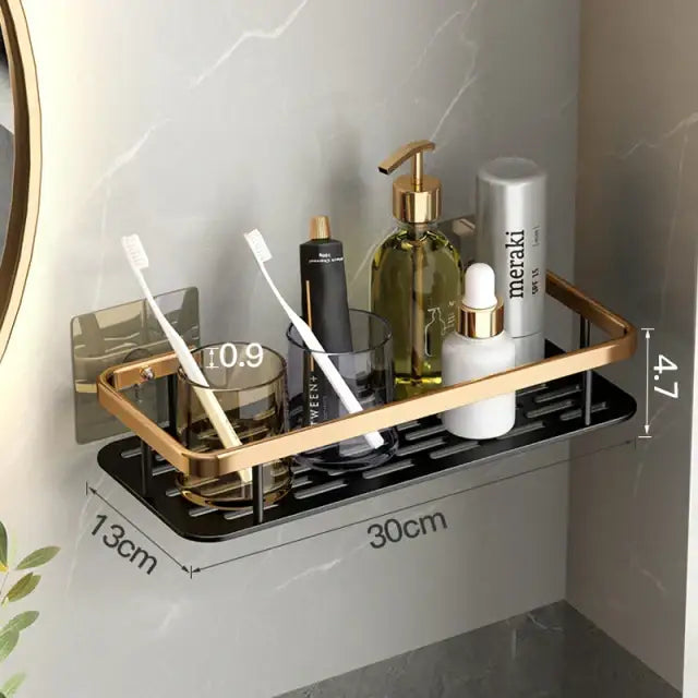 Modern black metal tiered bathroom corner shelves with gold-toned metal shelf and black base for decorbites bathroom storage