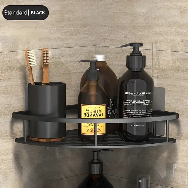 Modern black metal bathroom corner shelves with matte finish, toothbrush holder, and slotted toiletries shelf by decorbites bathroom