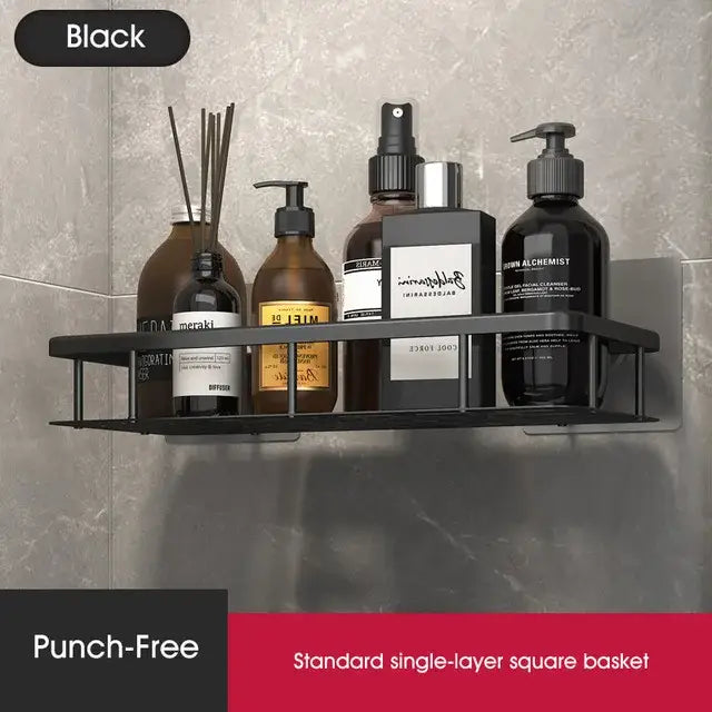 Modern black metal tiered bathroom corner shelves with square single-layer design for decorbites bathroom corner use