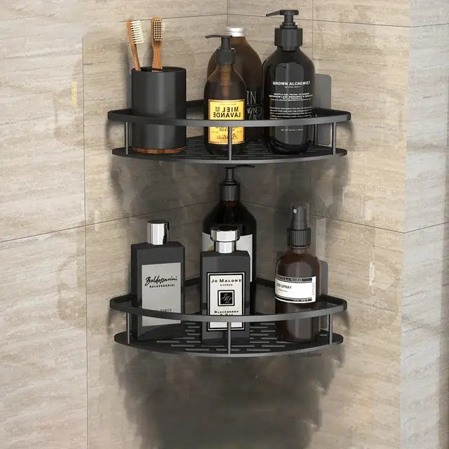 Black metal corner shower caddy with two tiers and grid design for bathroom corner shelves decorbites bathroom storage rack