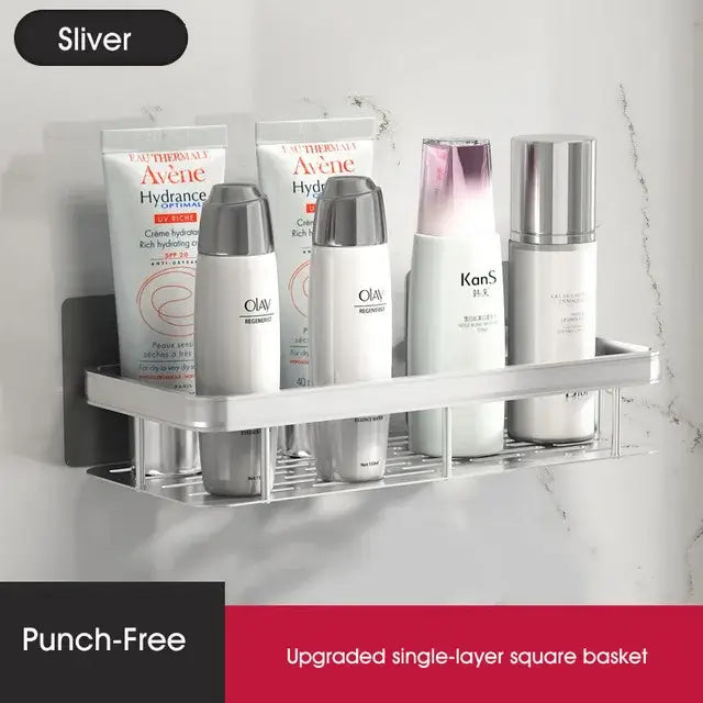 Silver metallic wall-mounted bathroom corner shelves holding skincare products decorbites bathroom corner storage rack