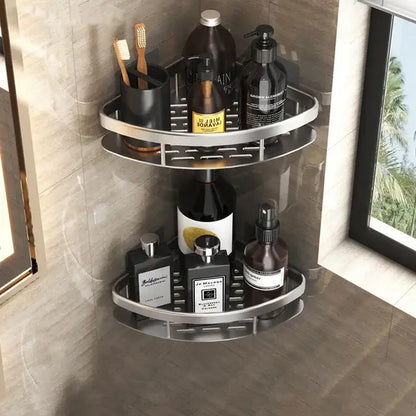 Silver double-tiered metal bathroom corner shelves with sleek modern design by decorbites bathroom corner storage rack