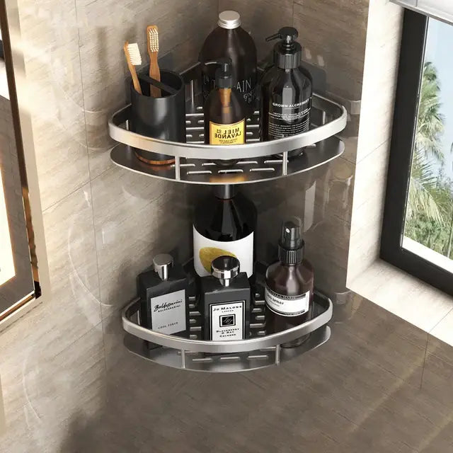 Silver double-tiered metal bathroom corner shelves with sleek modern design by decorbites bathroom corner storage rack