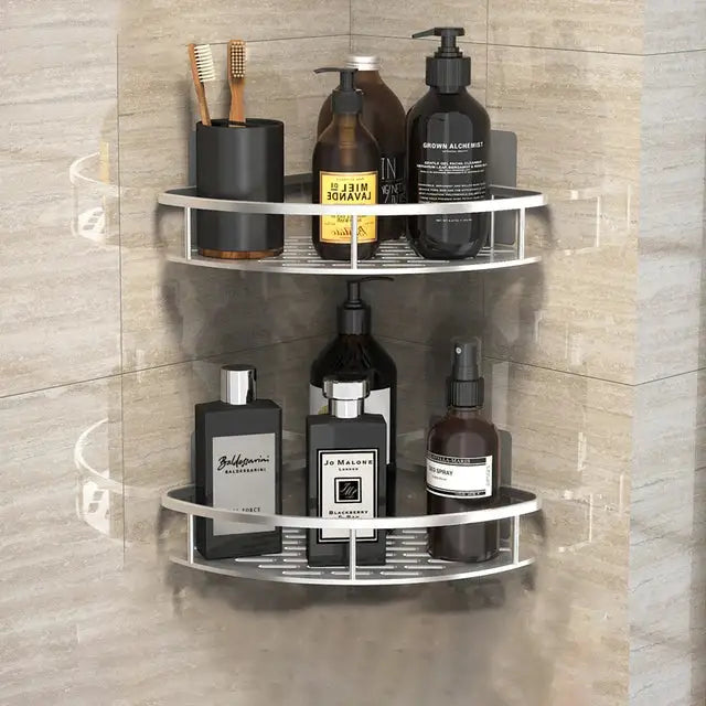 Silver double-tiered corner shower caddy with sleek modern design for decorbites bathroom corner shelves storage rack